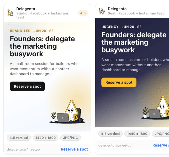 Delegento desktop app showing generated ad creative options