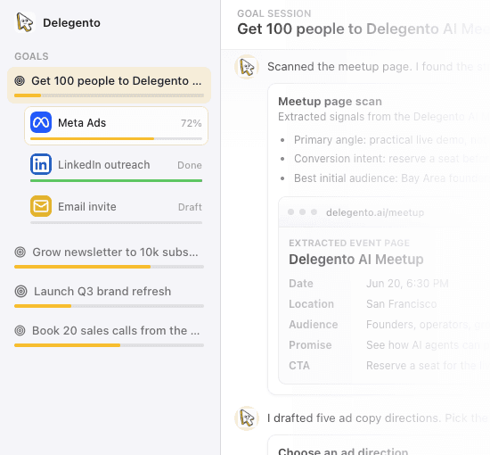 Delegento desktop app showing a goal session broken into campaign work