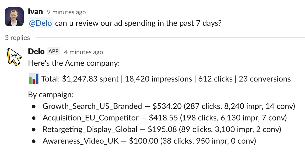 Slack conversation where Ivan asks Delo to review ad spending and Delo replies with campaign performance
