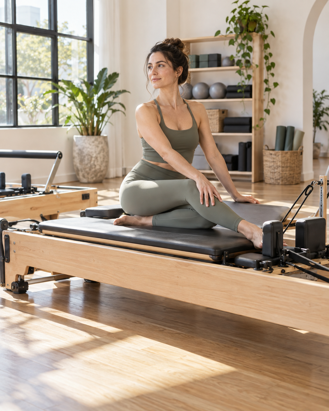 Woman practicing Pilates in a sunlit studio