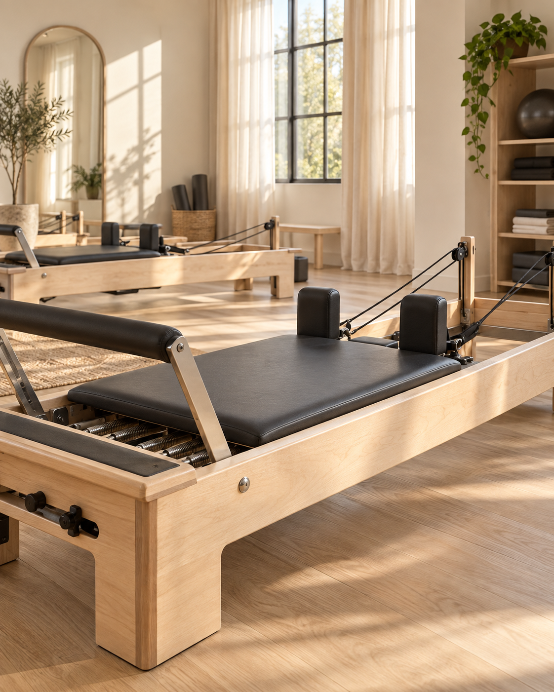 Inviting Pilates studio with wooden reformers