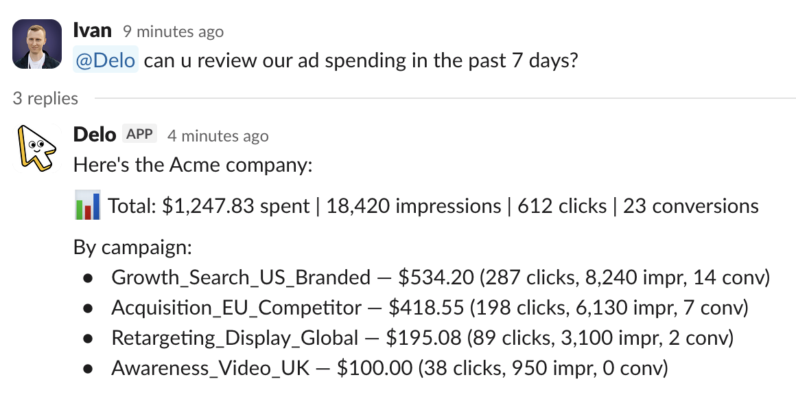 Slack conversation where Ivan asks Delo to review ad spending and Delo replies with campaign performance